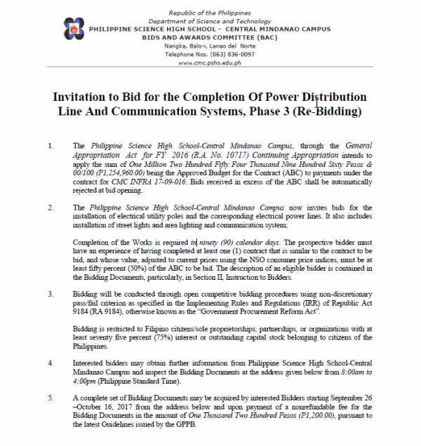Invitation to Bid for the Completion Of Power Distribution Line And Communication Systems, Phase 3 (Re-Bidding)
