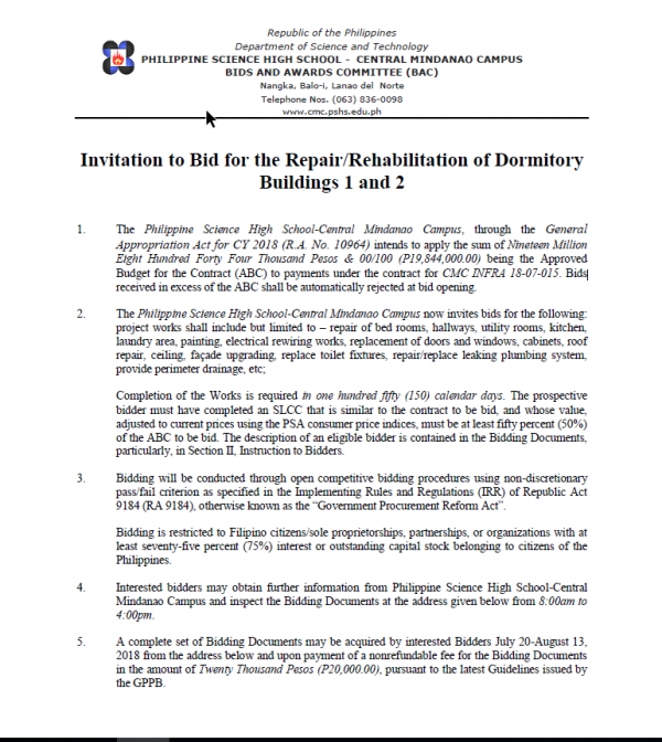Invitation to Bid for the Repair/Rehabilitation of Dormitory Buildings 1 and 2