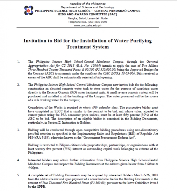 Invitation to Bid for the Installation of Water Purifying Treatment System
