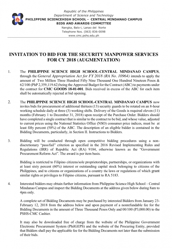 INVITATION TO BID FOR THE SECURITY MANPOWER SERVICES FOR CY 2018 (AUGMENTATION)