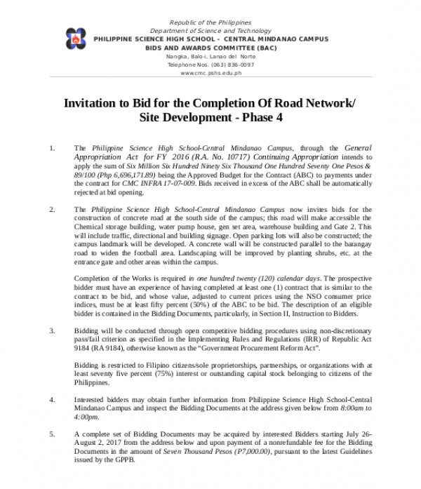 Invitation to Bid for the Completion Of Road Network/ Site Development - Phase 4