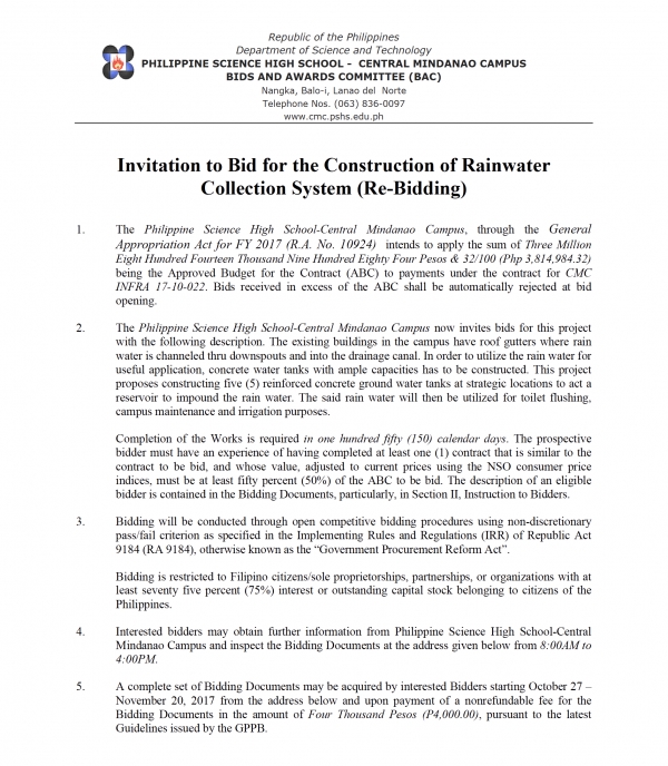 Invitation to Bid for the Construction of Rainwater Collection System (Re-Bidding)
