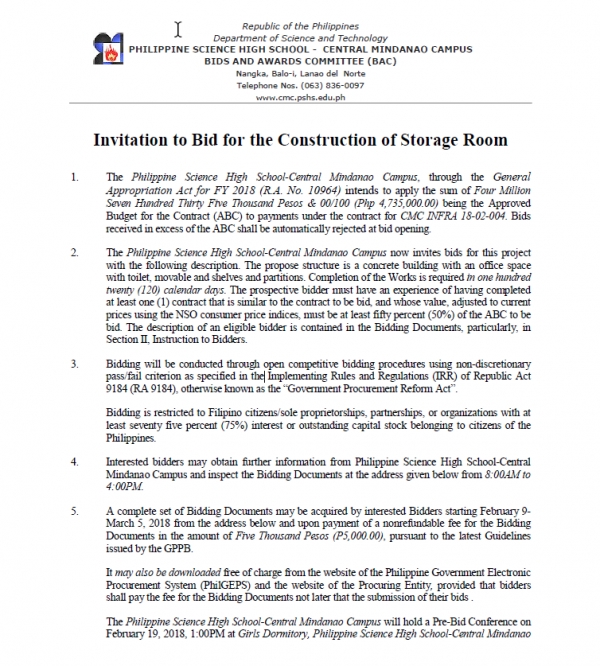 Invitation to Bid for the Construction of Storage Room
