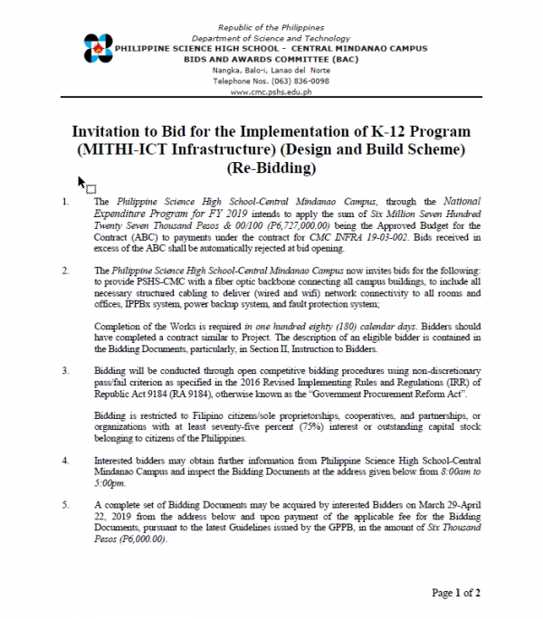 Invitation to Bid for the Implementation of K-12 Program (MITHI-ICT Infrastructure) (Design and Build Scheme) (Re-Bidding)