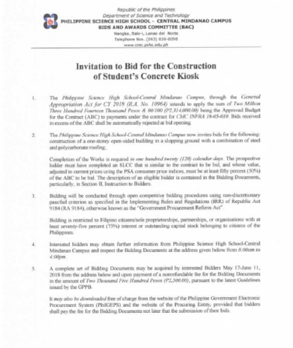 Invitation to Bid for the Construction of Student&#039;s Concrete Kiosk