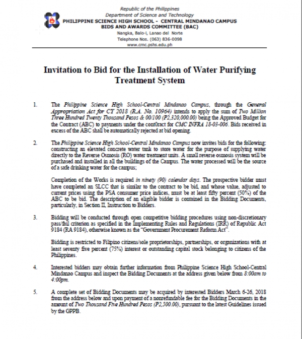 Invitation to Bid for the Installation of Water Purifying Treatment System