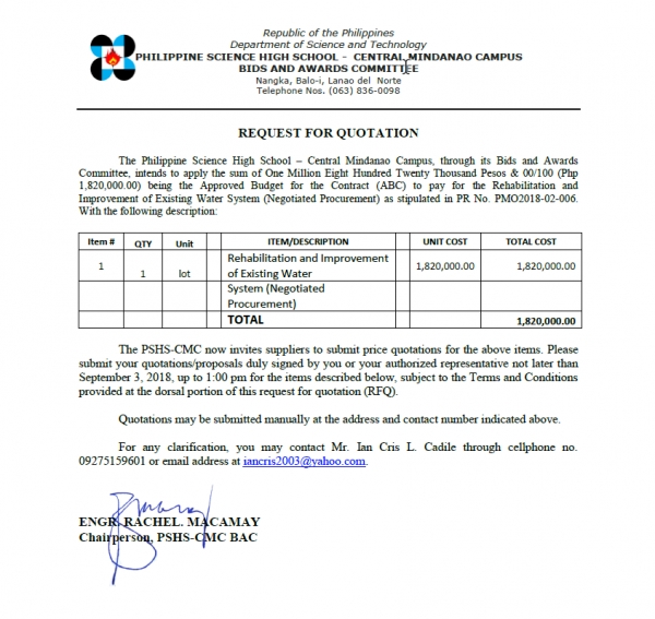 REQUEST FOR QUOTATION - Rehabilitation and Improvement of Existing Water System (Negotiated Procurement)