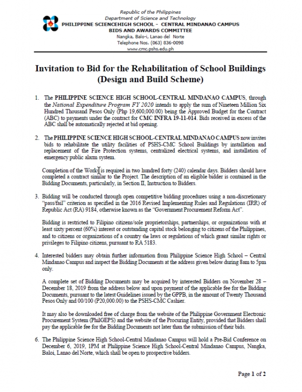 Invitation to Bid for the Rehabilitation of School Buildings (Design and Build Scheme)