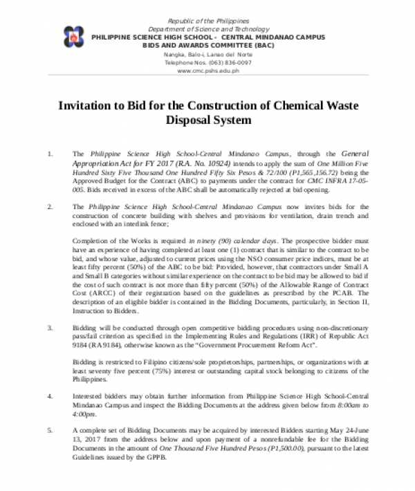 Invitation to Bid for the Construction of Chemical Waste Disposal System
