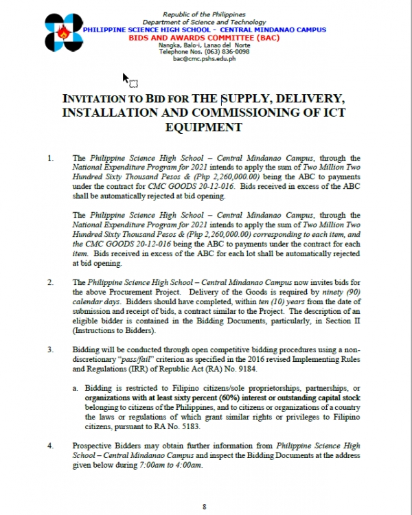 INVITATION TO BID FOR THE SUPPLY, DELIVERY, INSTALLATION AND COMMISSIONING OF ICT EQUIPMENT
