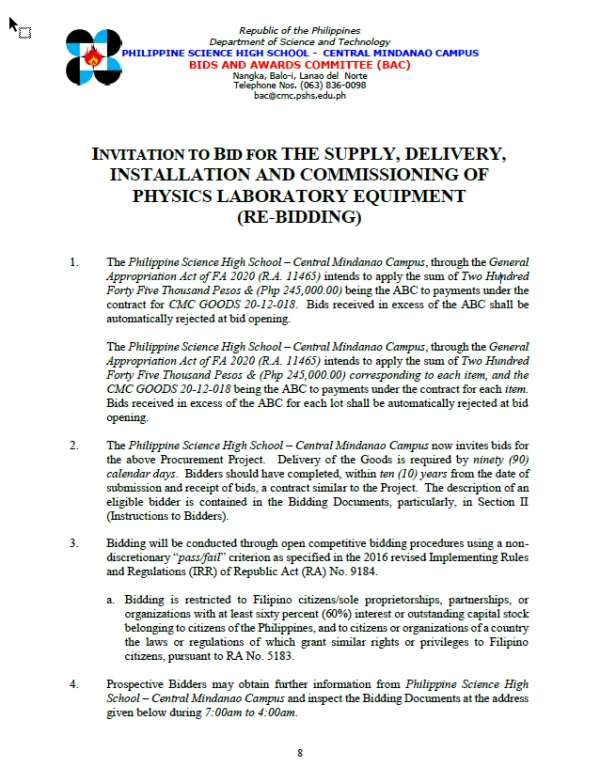 INVITATION TO BID FOR THE SUPPLY, DELIVERY, INSTALLATION AND COMMISSIONING OF PHYSICS LABORATORY EQUIPMENT (RE-BIDDING)