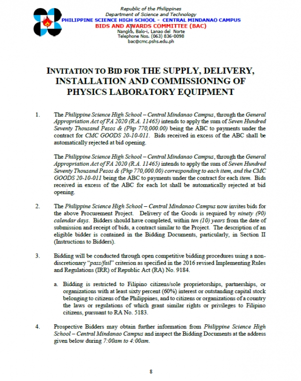 INVITATION TO BID FOR THE SUPPLY, DELIVERY, INSTALLATION AND COMMISSIONING OF PHYSICS LABORATORY EQUIPMENT